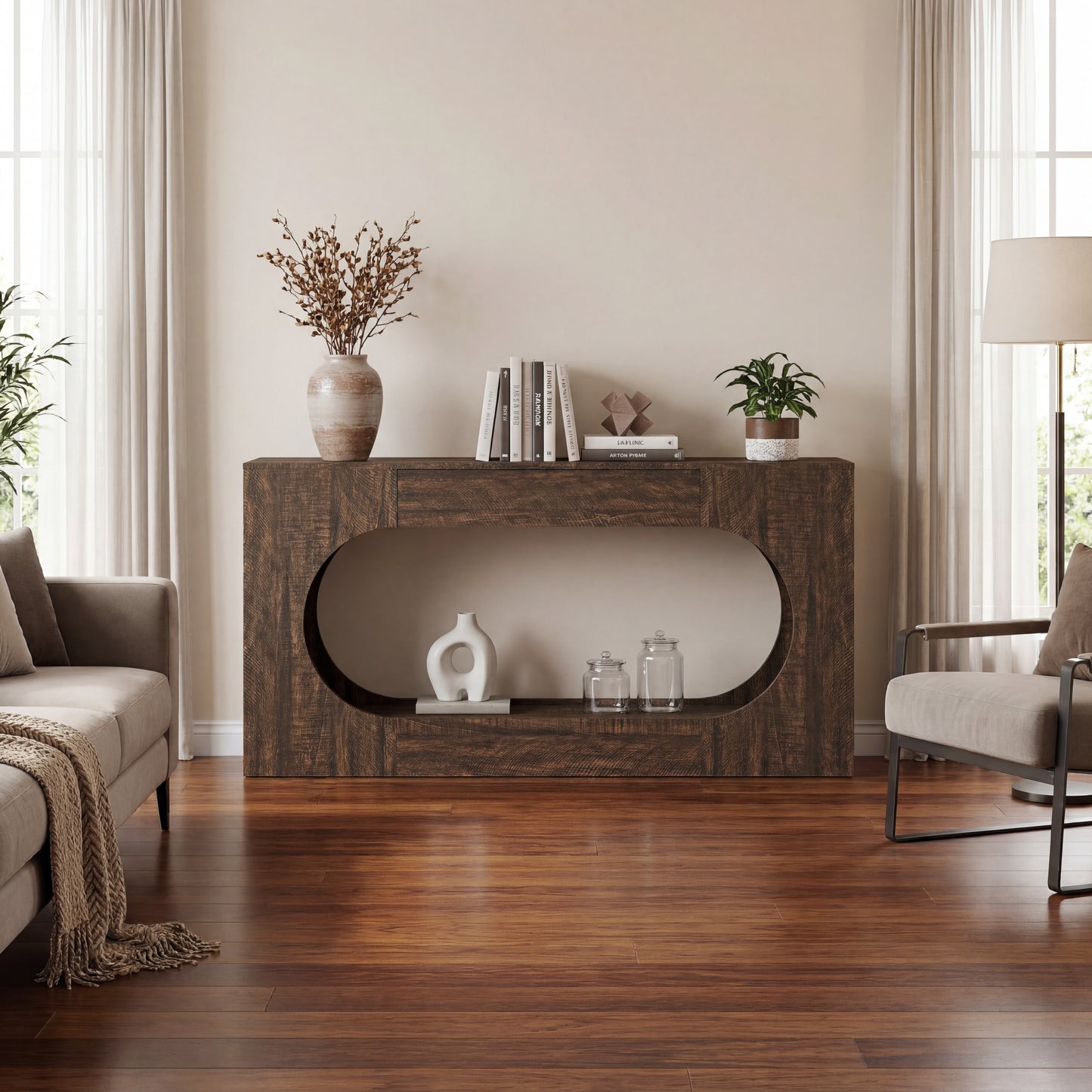 Narrow Walnut Wood Grain Console Table with Drawer - 63"