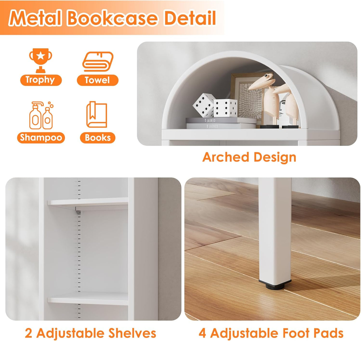 Arch Display Bookcase with Adjustable Shelves - White
