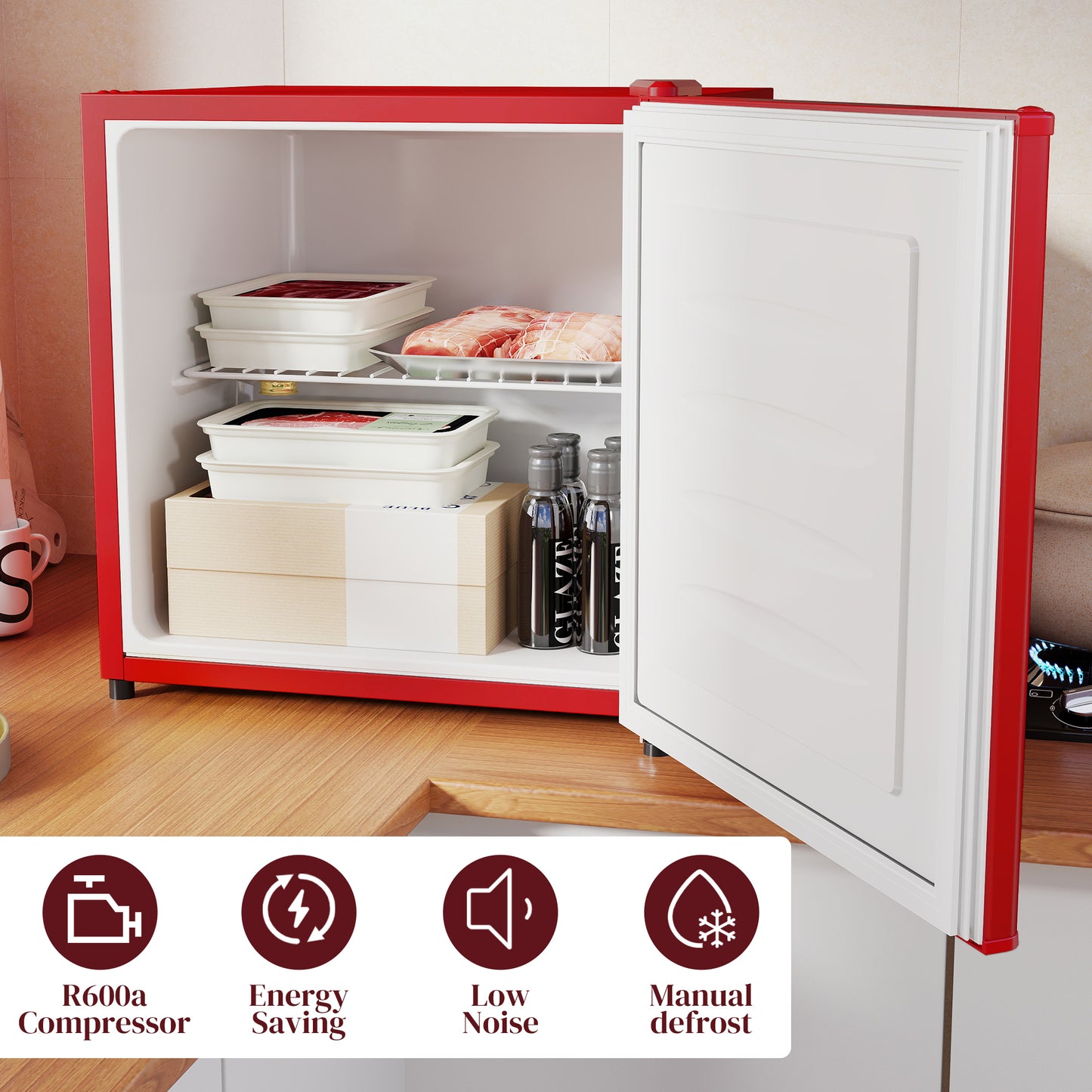 1.1 Cu Ft Compact Countertop Freezer - Red, Removable Shelves, Energy Efficient