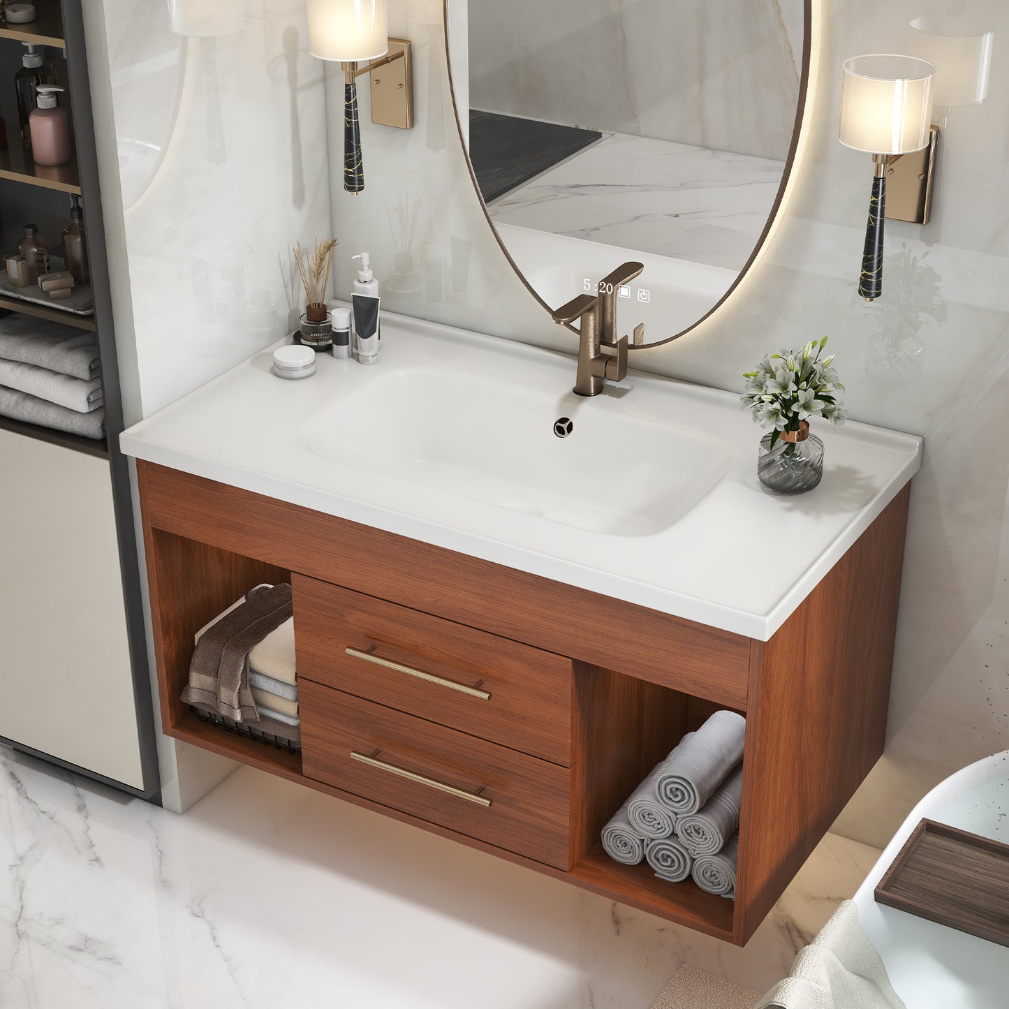 35.4" Mid-Century Modern Bathroom Vanity with Undermount Sink - White/Walnut