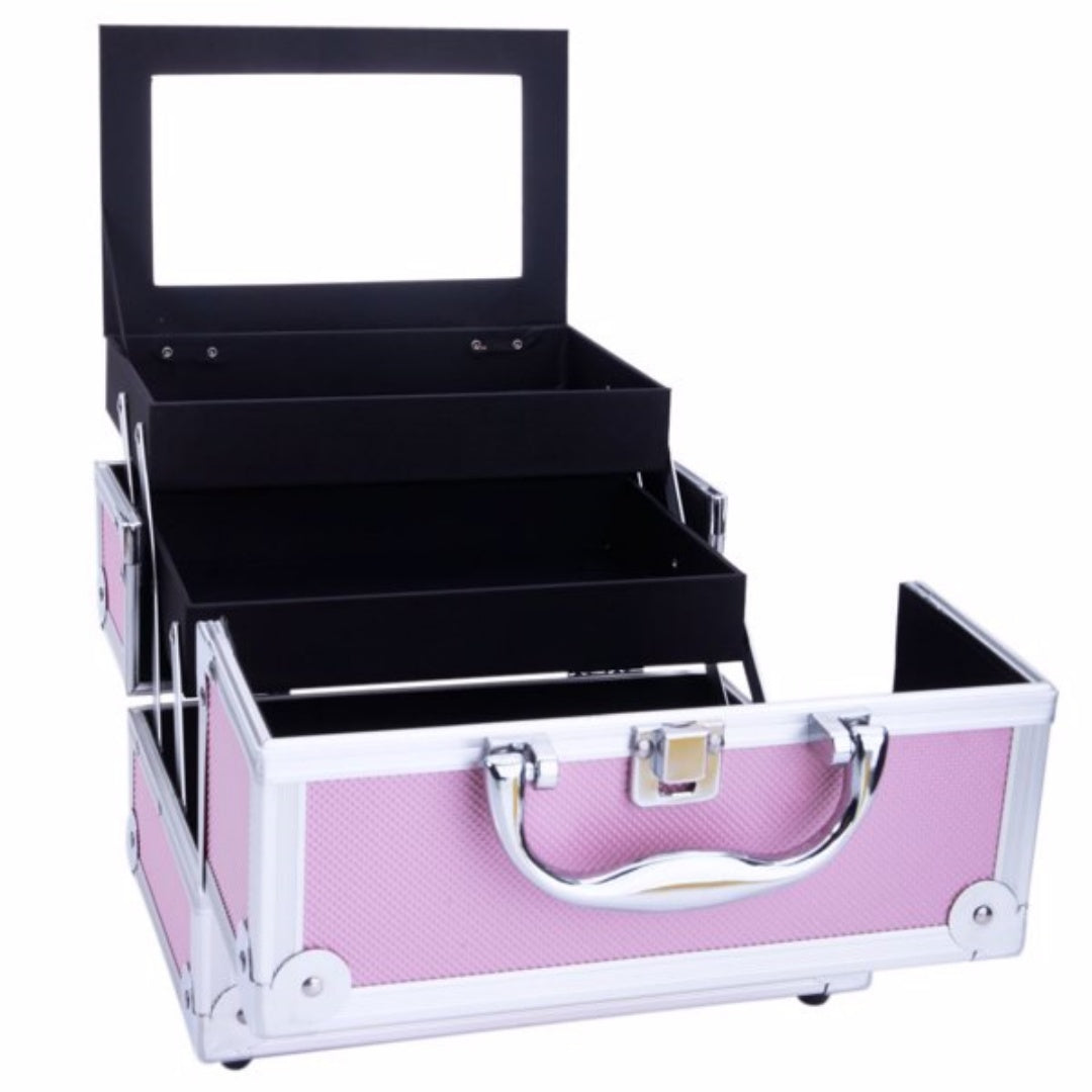 Pink Aluminum Makeup Train Case with Mirror - SM-2176