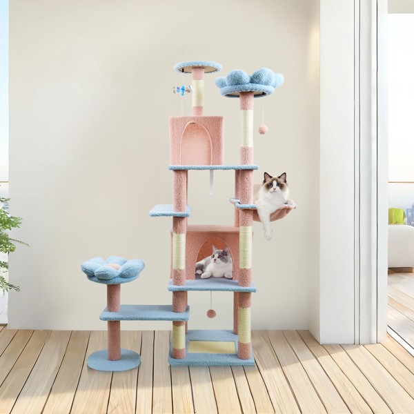 71 Inch Flower Cat Tree with Large Condo, Removable Flower Cushion & Hammock - Blue