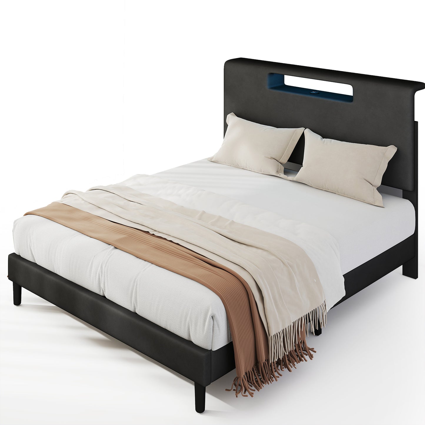 Full Size Upholstered Bed Frame With High Headboard Adjustable LED