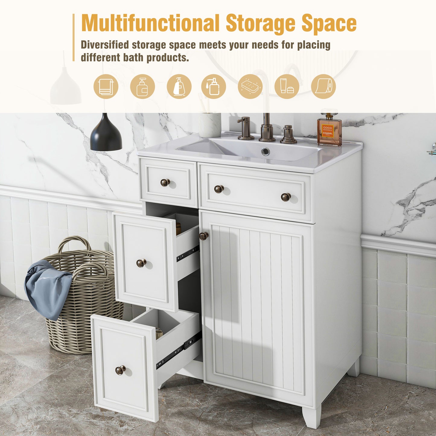 24-Inch Bathroom Vanity Cabinet with Ceramic Sink, 2 Drawers, White