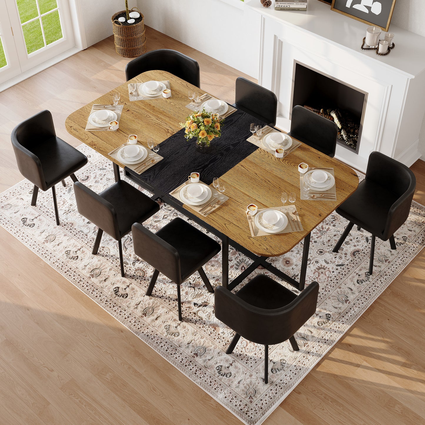9-Piece Square Dining Table Set, Fixed Two-Tone Wood Grain & Black
