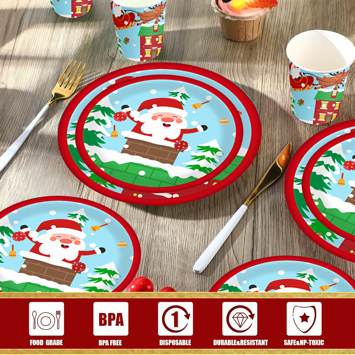 Christmas Paper Plates and Cups Set for 10 Guests - Santa & Elk
