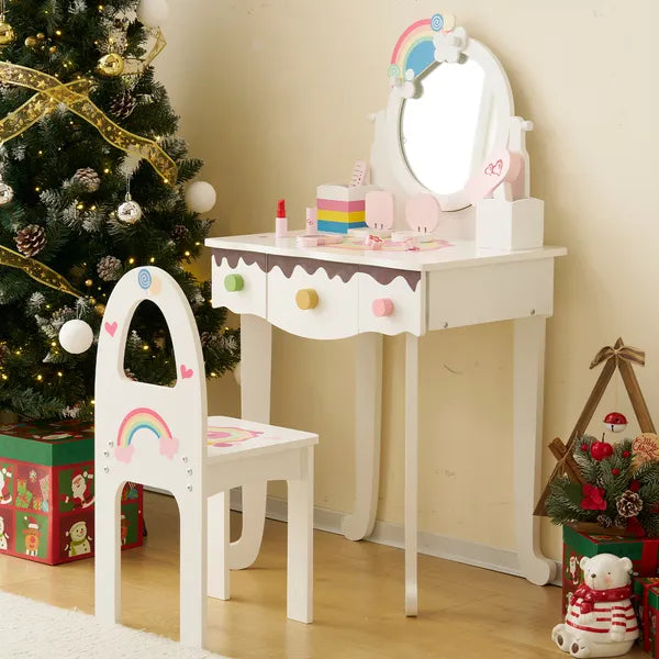 Kids Vanity Table and Chair Set with 7 Pretend Makeup Toys
