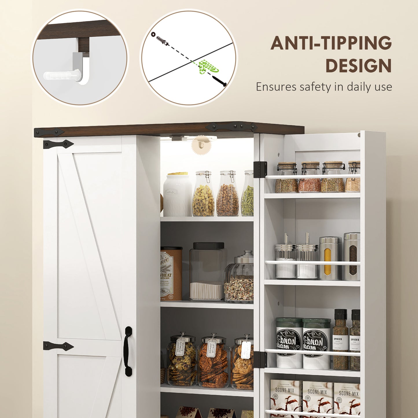 47" White Kitchen Pantry Cabinet with LED Light & Adjustable Shelves