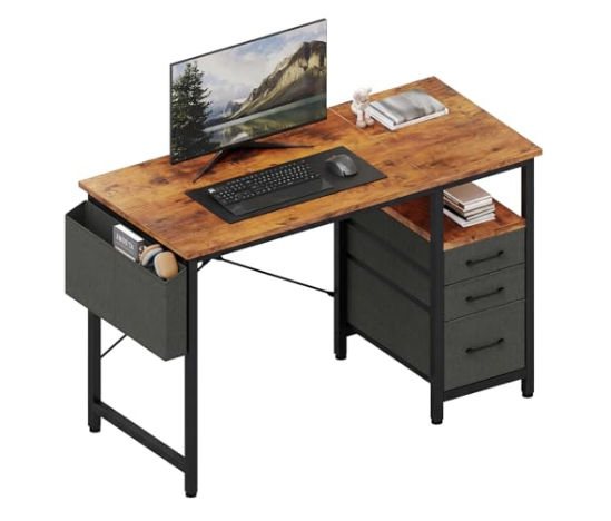 40-Inch Computer Desk with 3 Drawers and Side Storage - Brown