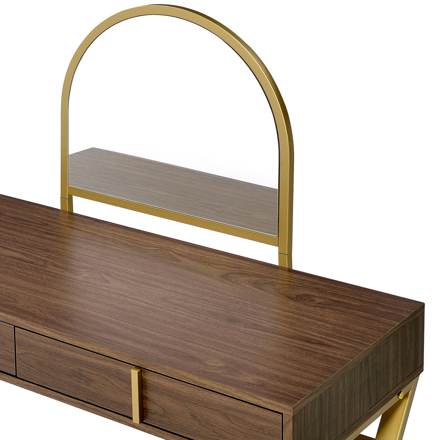 Walnut & Gold Finish Vanity Desk with Mirror & Jewelry Tray