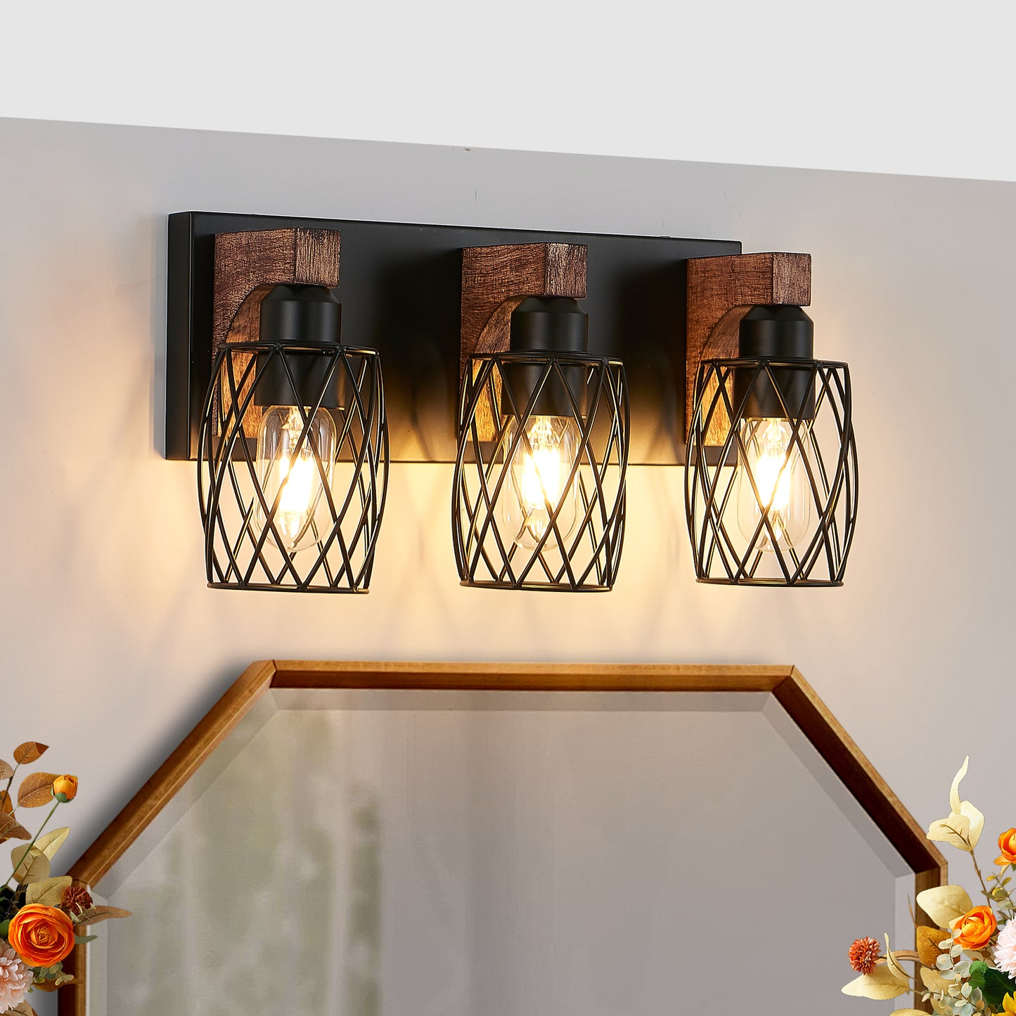 Vintage Industrial 3-Light Wall Sconce - Black Metal & Wood Accent