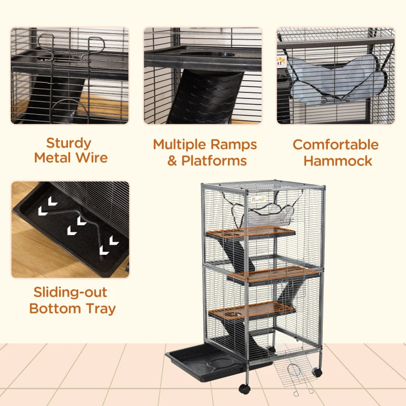 Small Animal Cage with Wheels, Multi-Tier Ferret and Chinchilla Habitat - Gray