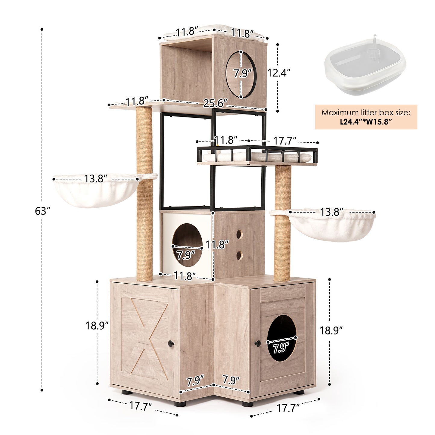 Multi-Functional Cat Tree with Litter Box, Scratching Posts & Washable Cushion - Rustic Gray