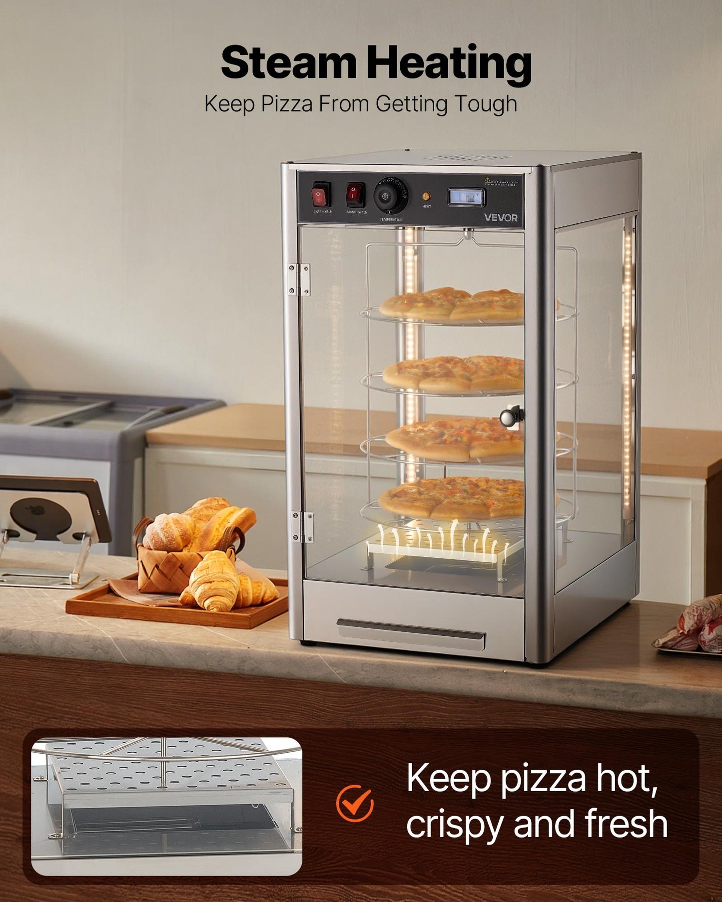 Commercial Pizza Warmer Display 4-Tier Steam Heated Food Warmer with Temp Control