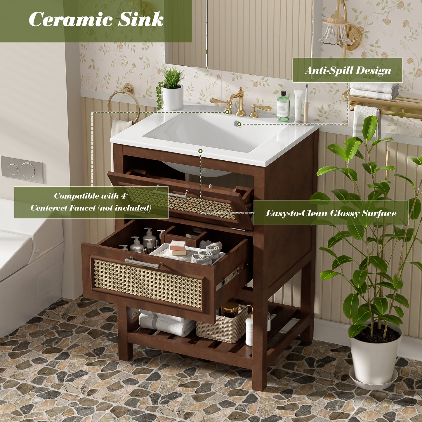 24" Bathroom Vanity with Integrated Ceramic Sink - Dark Brown