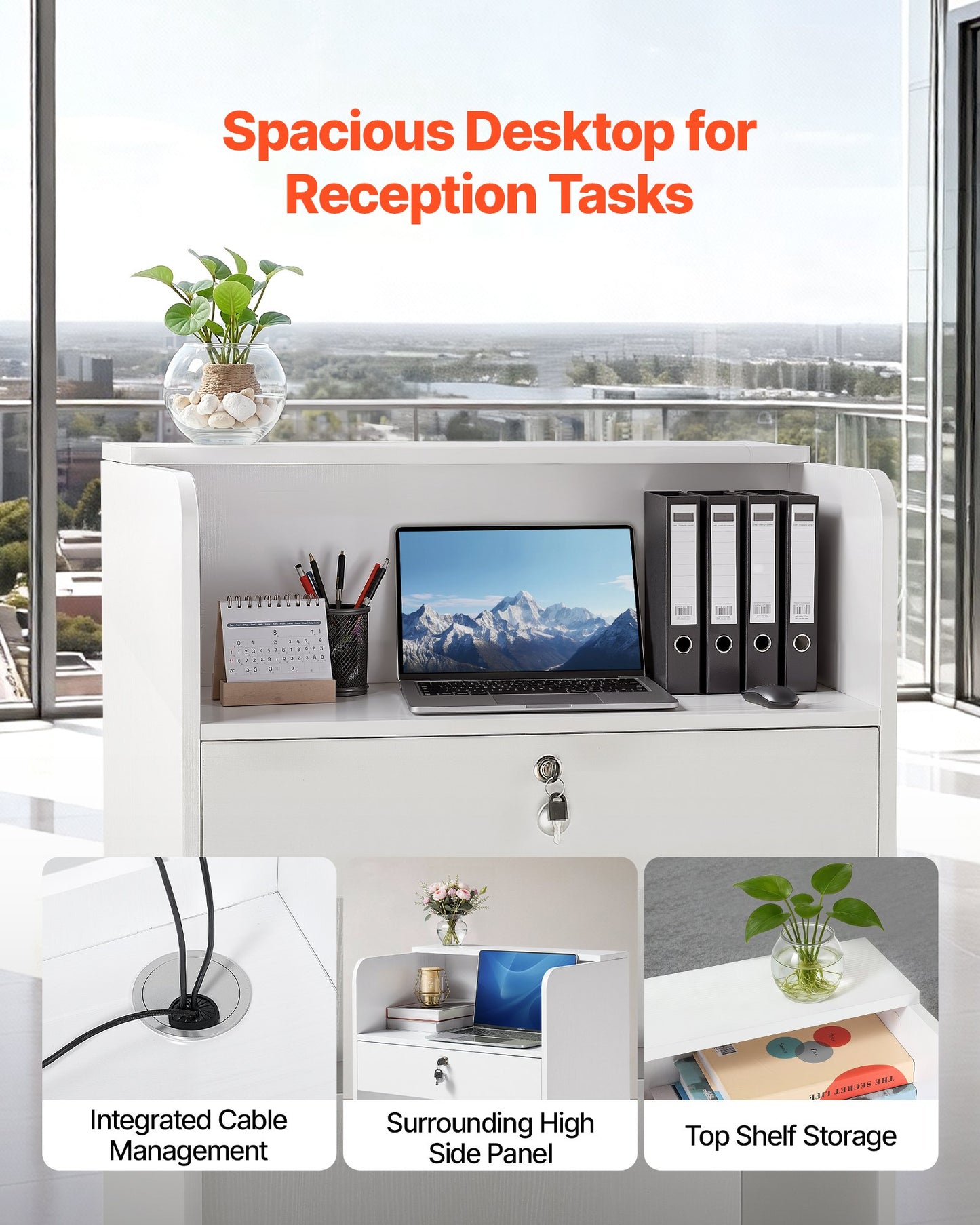White Reception Desk 23.6 Inch Modern Front Counter Office Table with Drawer