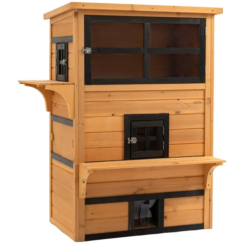 Outdoor Cat House with 5 Escape Doors Weatherproof Wooden Shelter - Yellow & Black