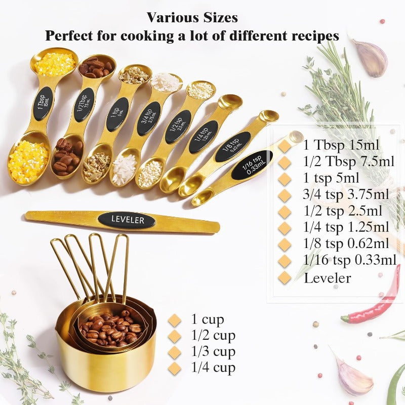 Gold Stainless Steel Measuring Cup and Spoon Set for Baking - Food-Grade Kitchen Tools