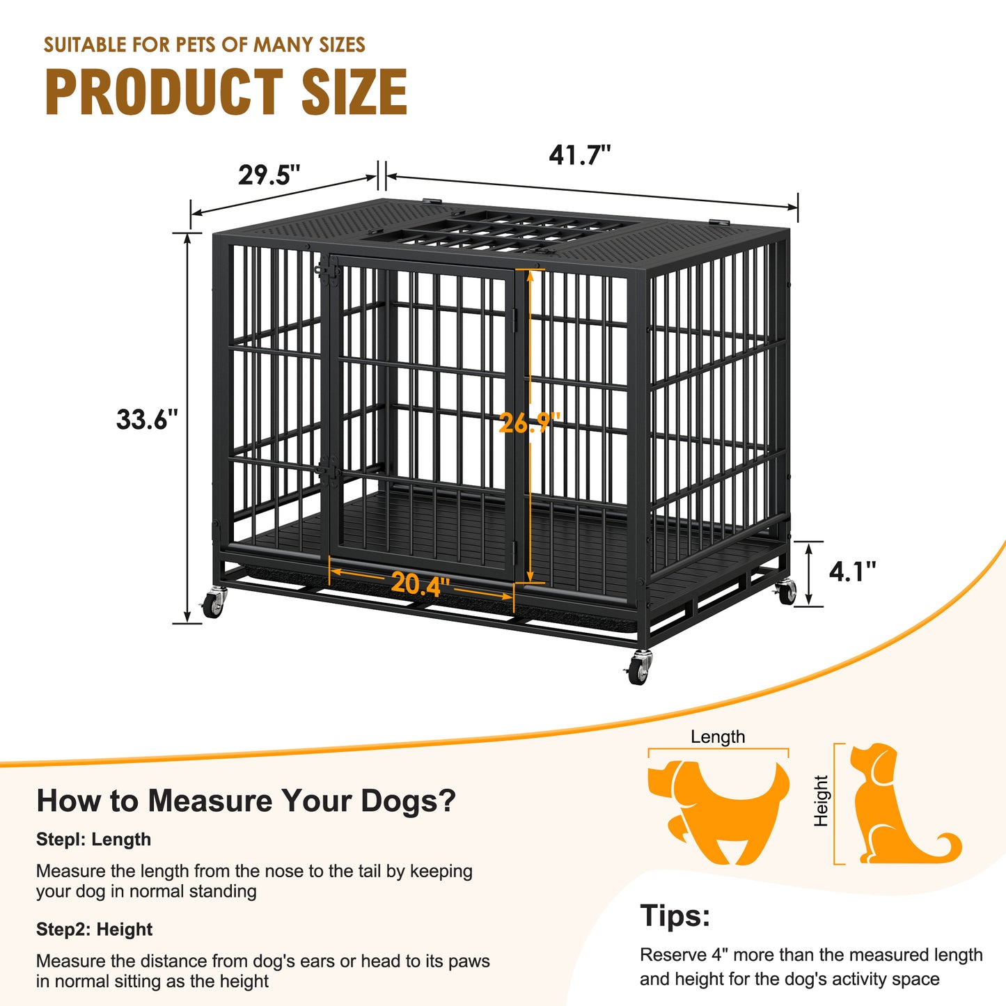 Heavy Duty Dog Crate with Lockable Wheels and Perforated Top, Indoor Outdoor Kennel