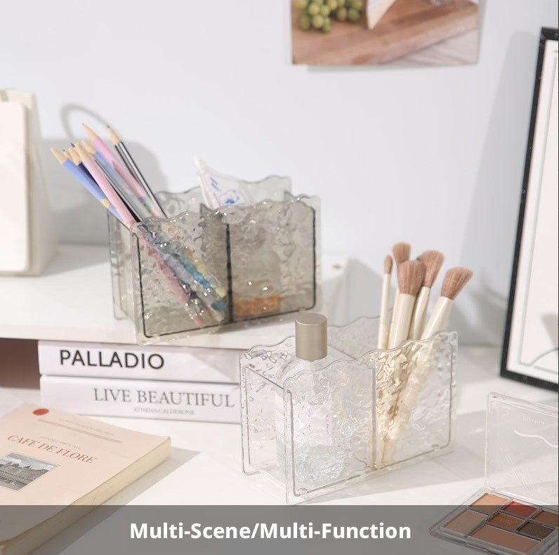 Water Ripple Cosmetic Brush Pen Holder - Clear Gray PET Makeup Brush Organizer