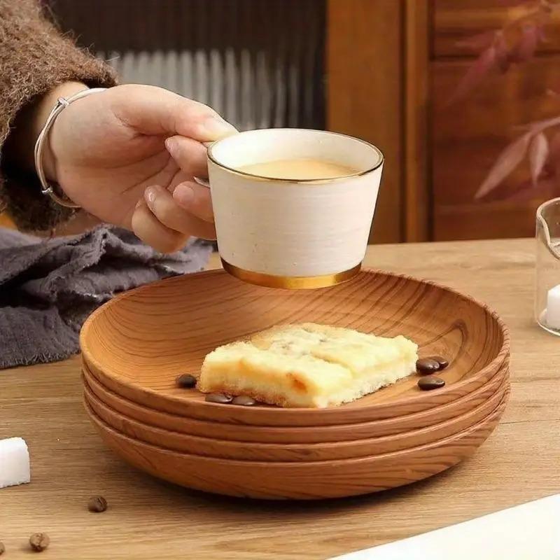 10 Creative Wood Grain Plastic Plates - Round Striped Design,
