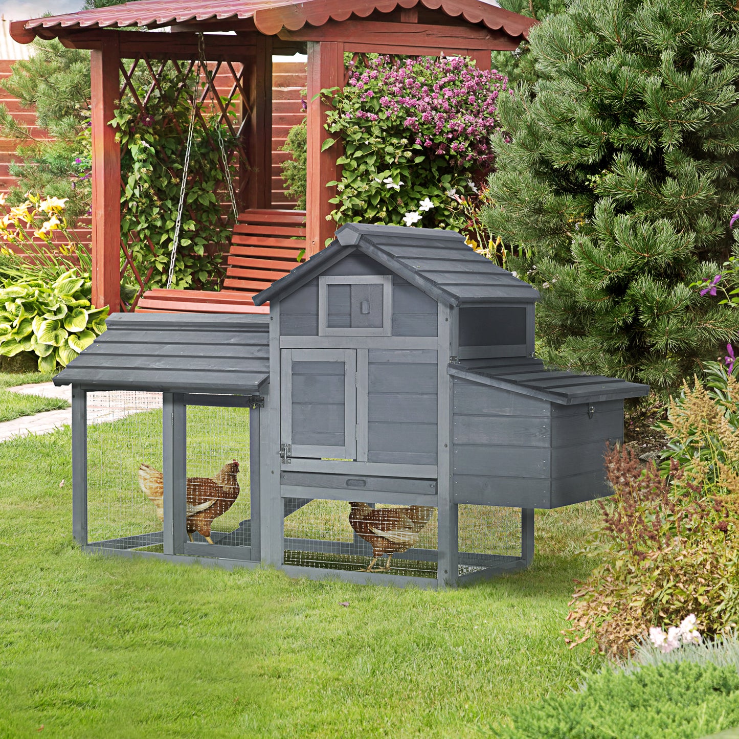 Small Wooden Chicken Coop with Nesting Box & Removable Tray - Gray, 925x575x260mm