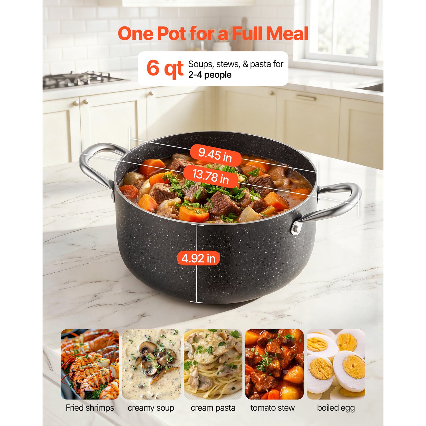6-Quart Nonstick Aluminum Stock Pot with Glass Lid - PFOA & PFAS Free, Compatible with Gas, Induction & Electric Stoves