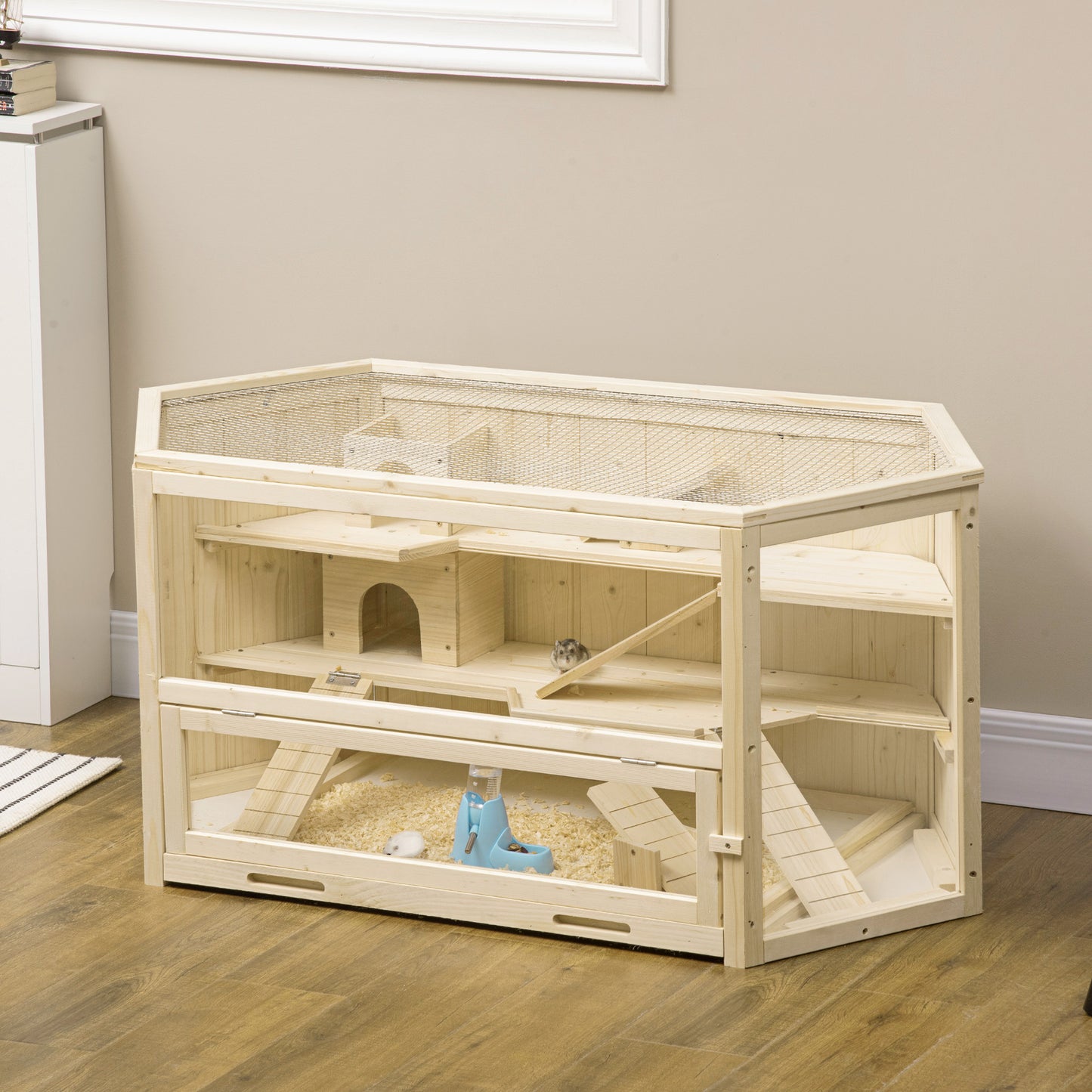 Large Wooden Hamster Cage with 3 Tiers, Seesaws & Water Bottle - Natural