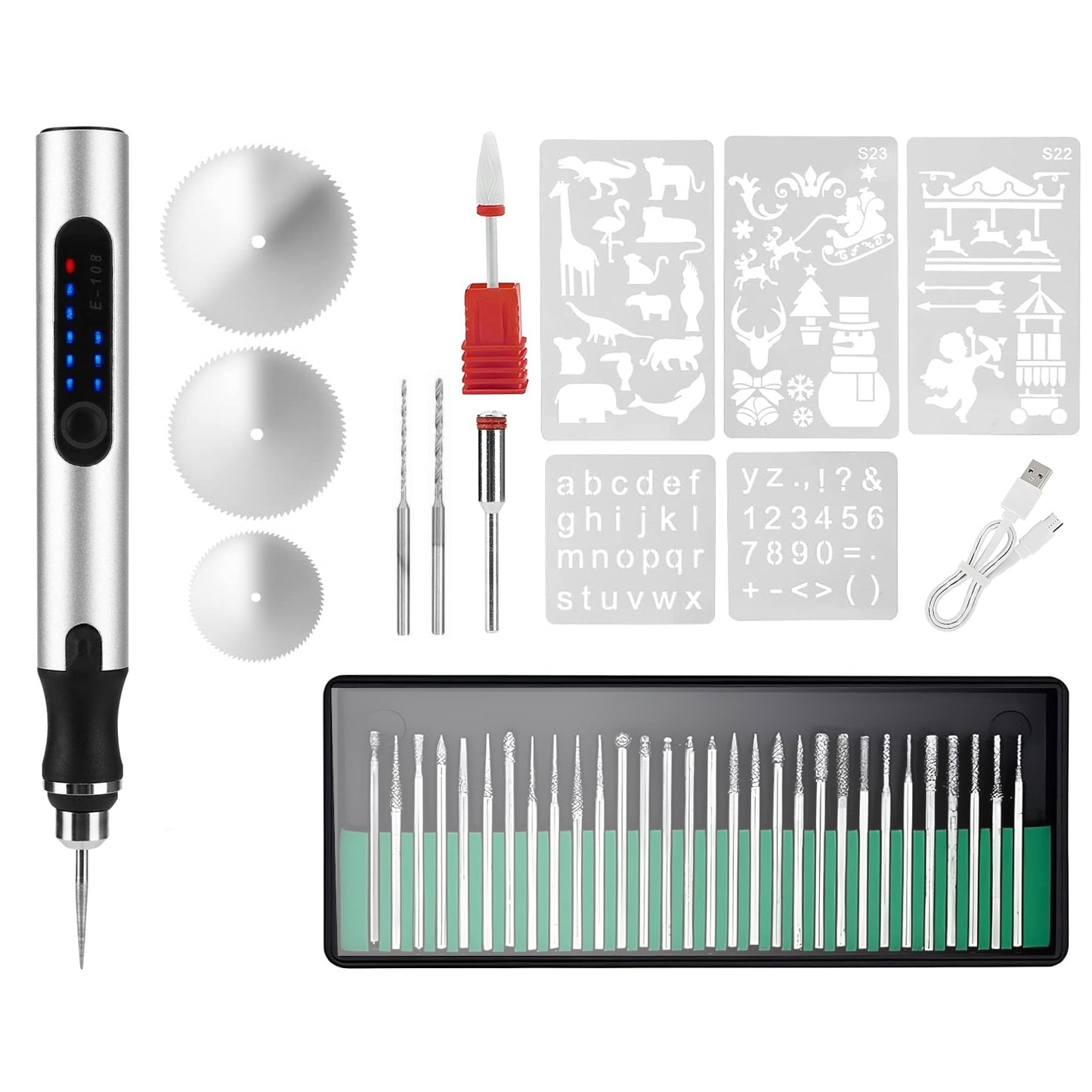 Electric Engraving Pen Kit with 33 Burr Bits and 5 Stencils - Cordless Portable DIY Etching Tool