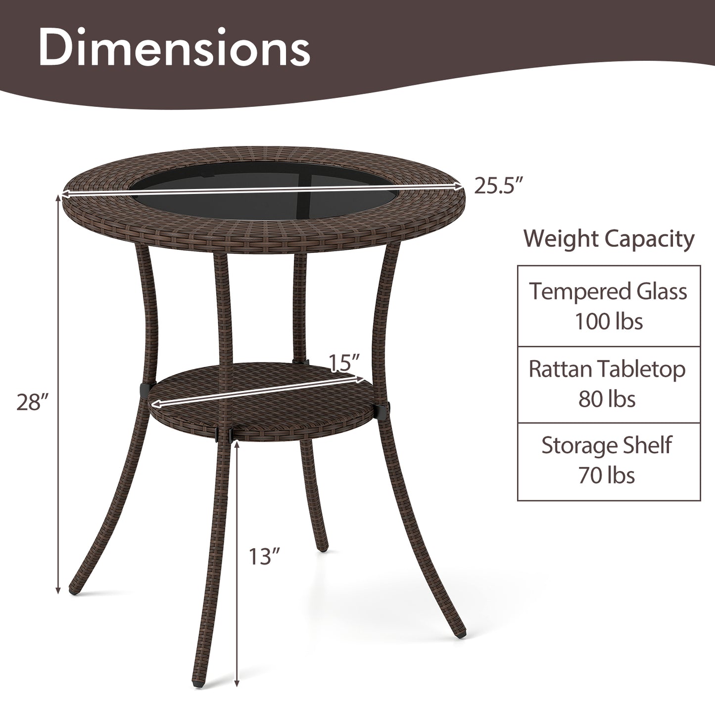 Round PE Wicker Bistro Table with Tempered Glass Top & Shelf