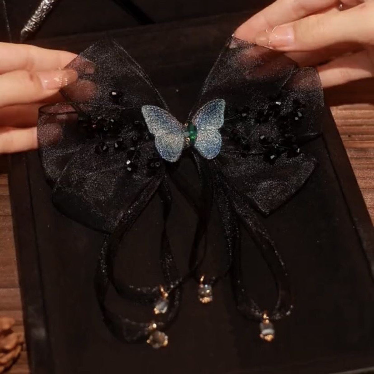 Embroidered Butterfly Hair Clip - Black