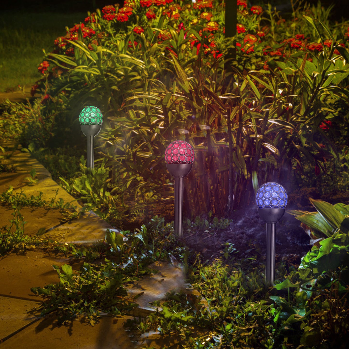 3Pcs Solar Pathway Lights Waterproof RGB Color Changing Garden Walkway Yard Decor