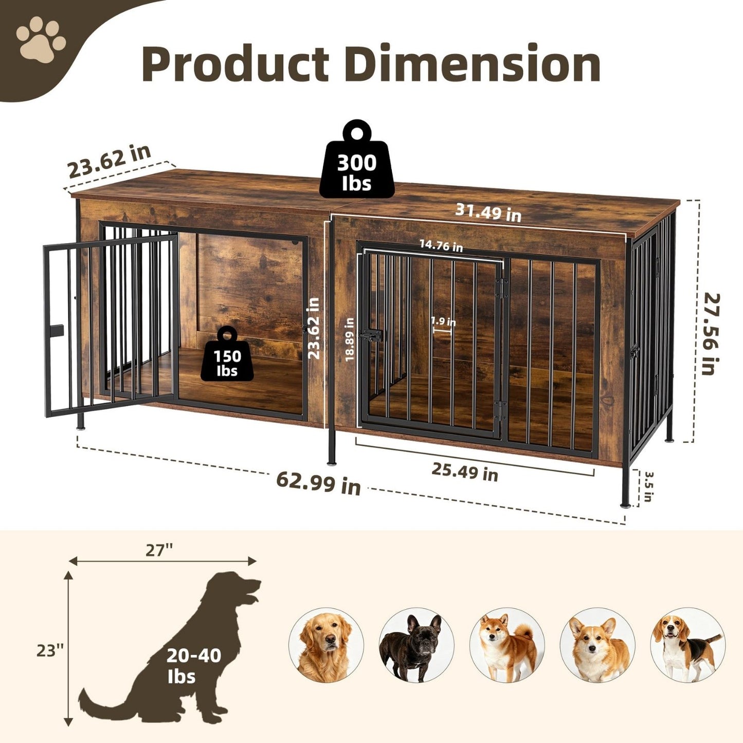 Double Dog Crate Furniture with Divider - Extra Large Pet Kennel