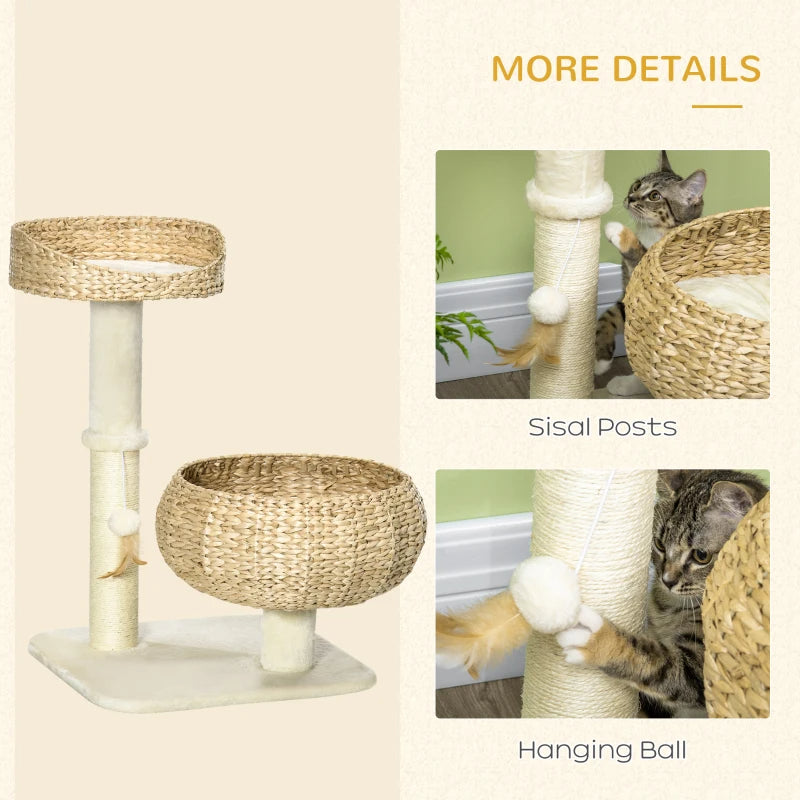 Elevated Cat Bed with Sisal Scratching Post and Toy - Small Modern Cat Tree, Beige Cream