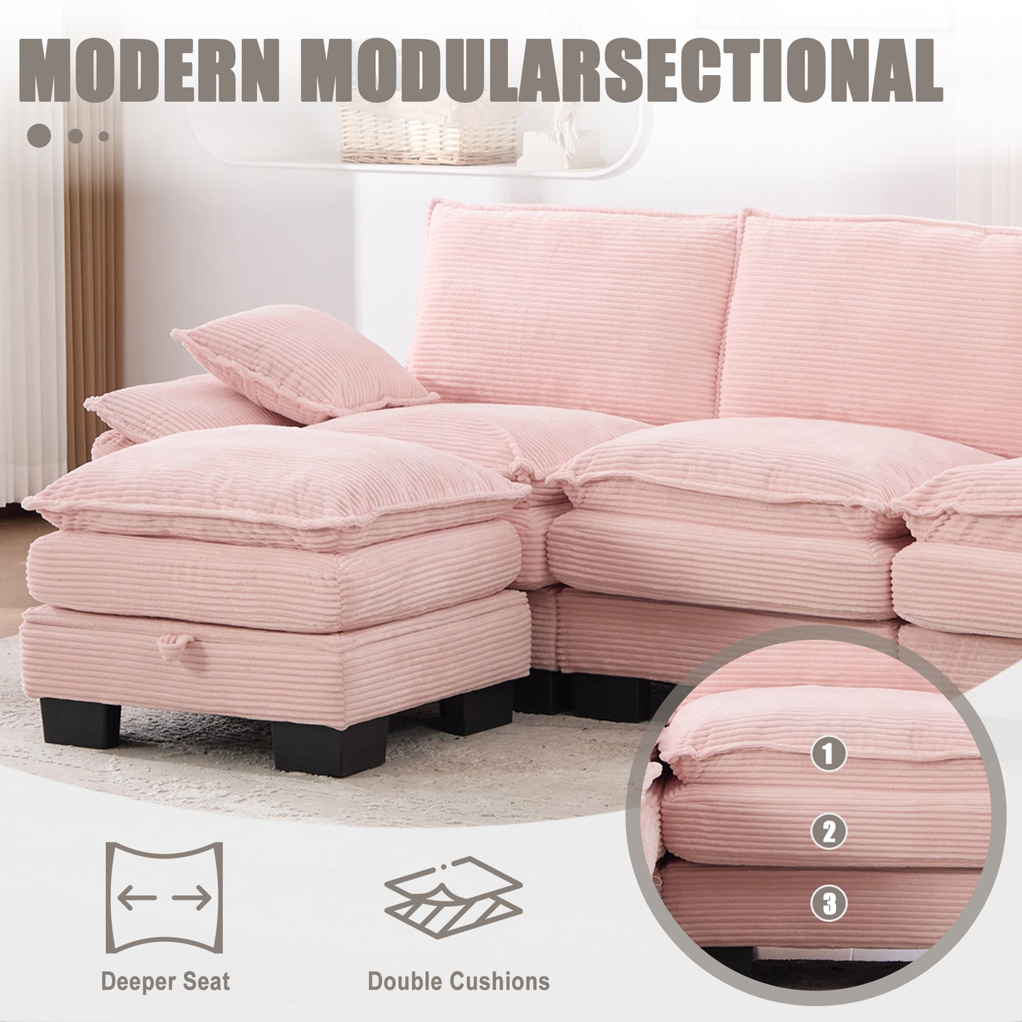 Modular Cloud Sofa - Comfy Corduroy Sectional for Living Room - Pink