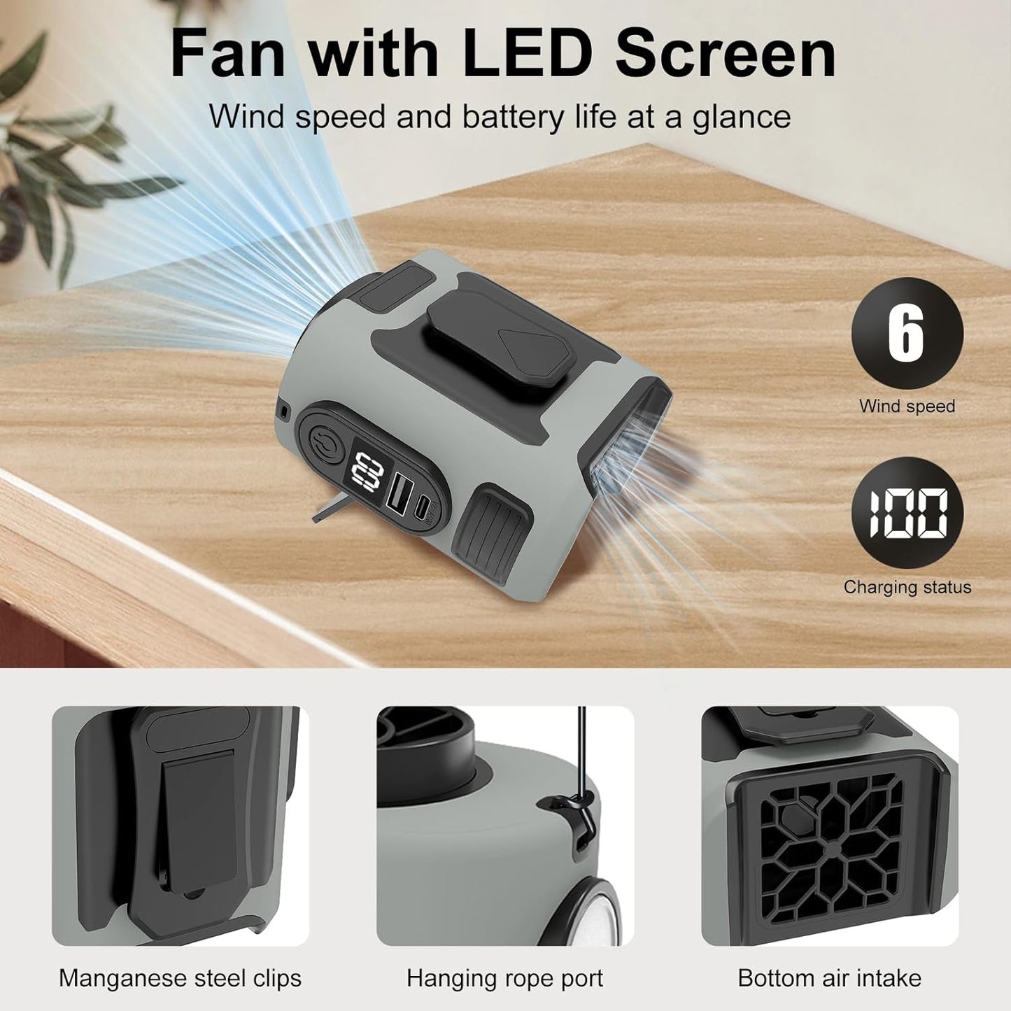 Portable Waist Fan with 16,000 RPM, 10000mAh Rechargeable Personal Fan with 5 Speeds & LED Light