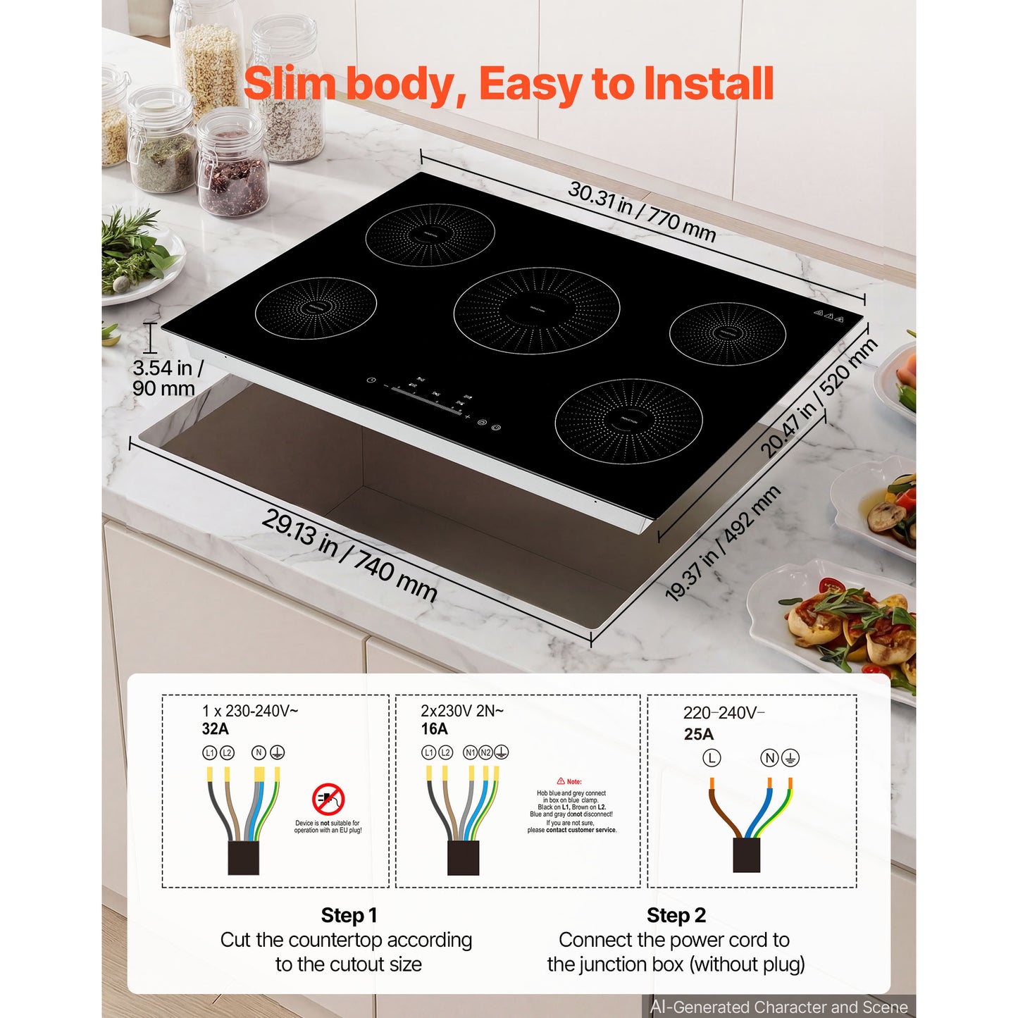 Induction Cooktop 30in 5 Burners Electric Stove 220V, LED Touch Screen, Child Lock