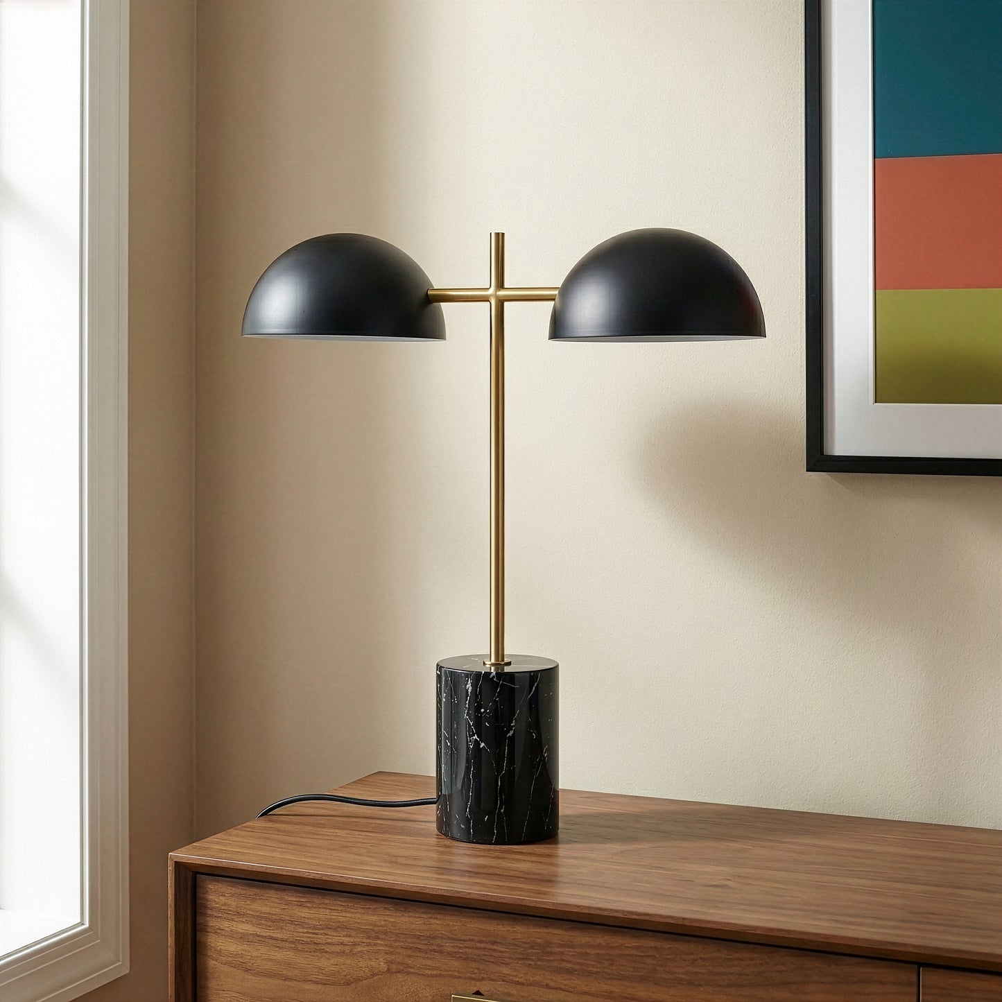 Black Table Lamp With On Off Switch, Double Lamp, Faux Marble Base