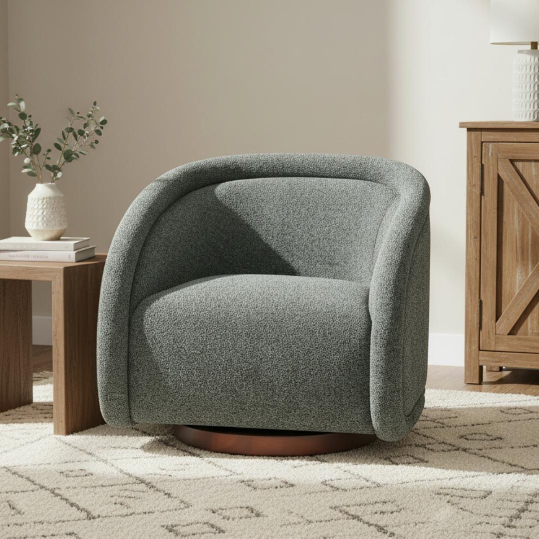 Sabbo Green Boucle Swivel Chair With Walnut-Finished Solid Wood Base
