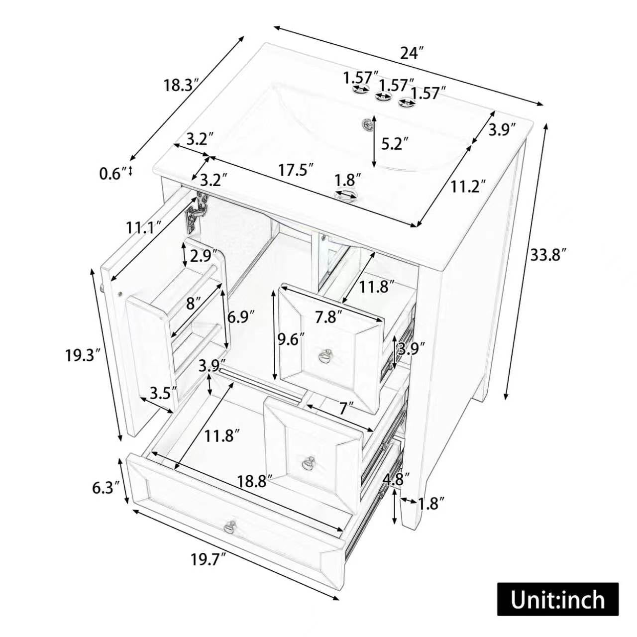 24-Inch Bathroom Vanity with Sink & Drawers - White