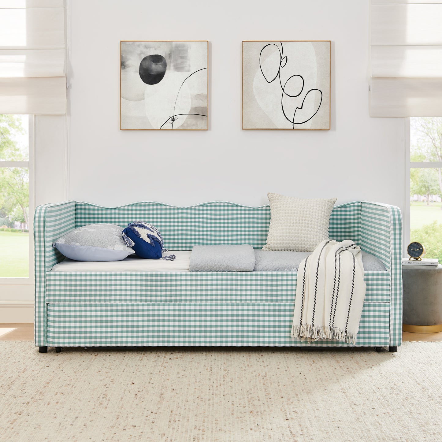 Twin Size Gingham Upholstered Daybed with Pull-Out Trundle & Storage - Cyan