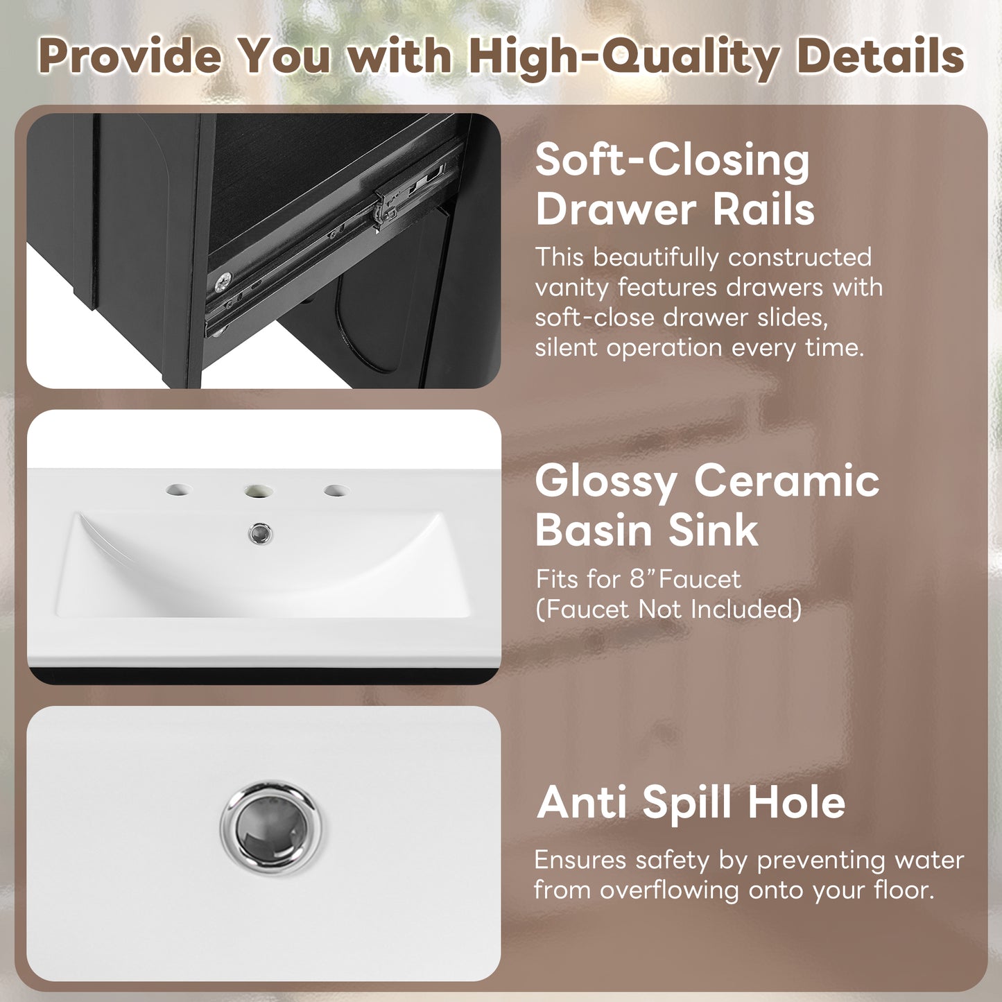 30 Modern Floating Bathroom Vanity With Oval Knobs & Round Edge,