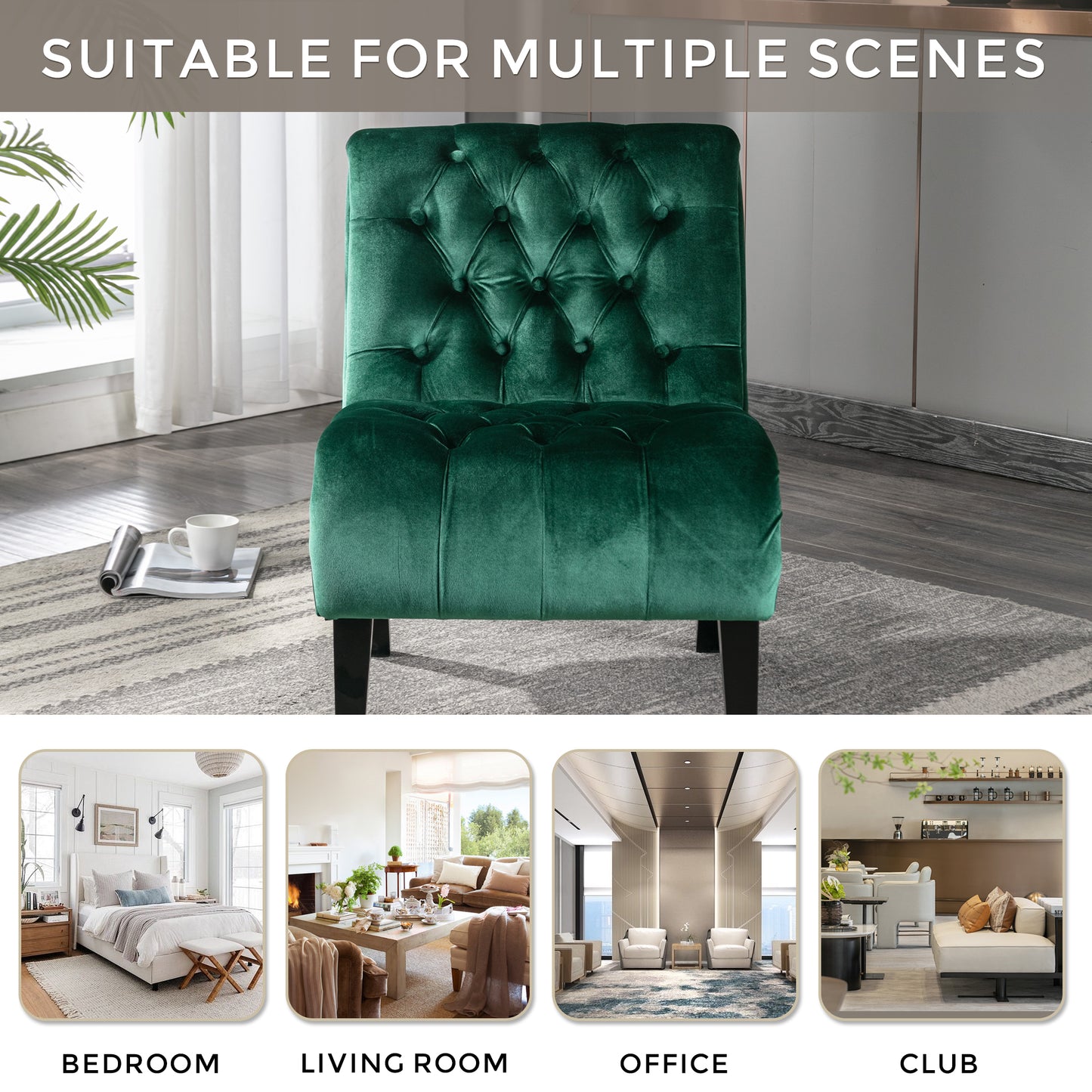 Modern Velvet Armless Accent Chair - Green Upholstered Lounge Chair
