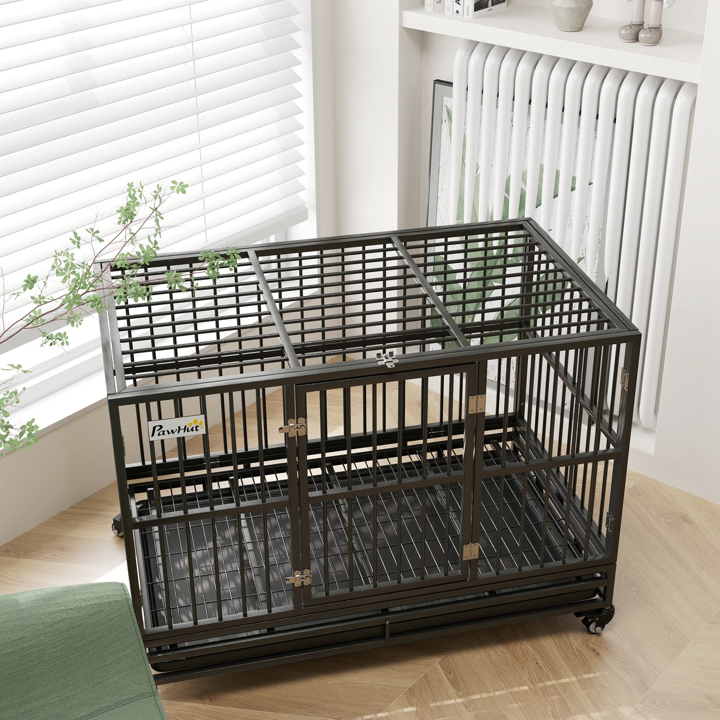 Heavy Duty Metal Dog Crate 48 Inch with Lockable Wheels & Double Doors