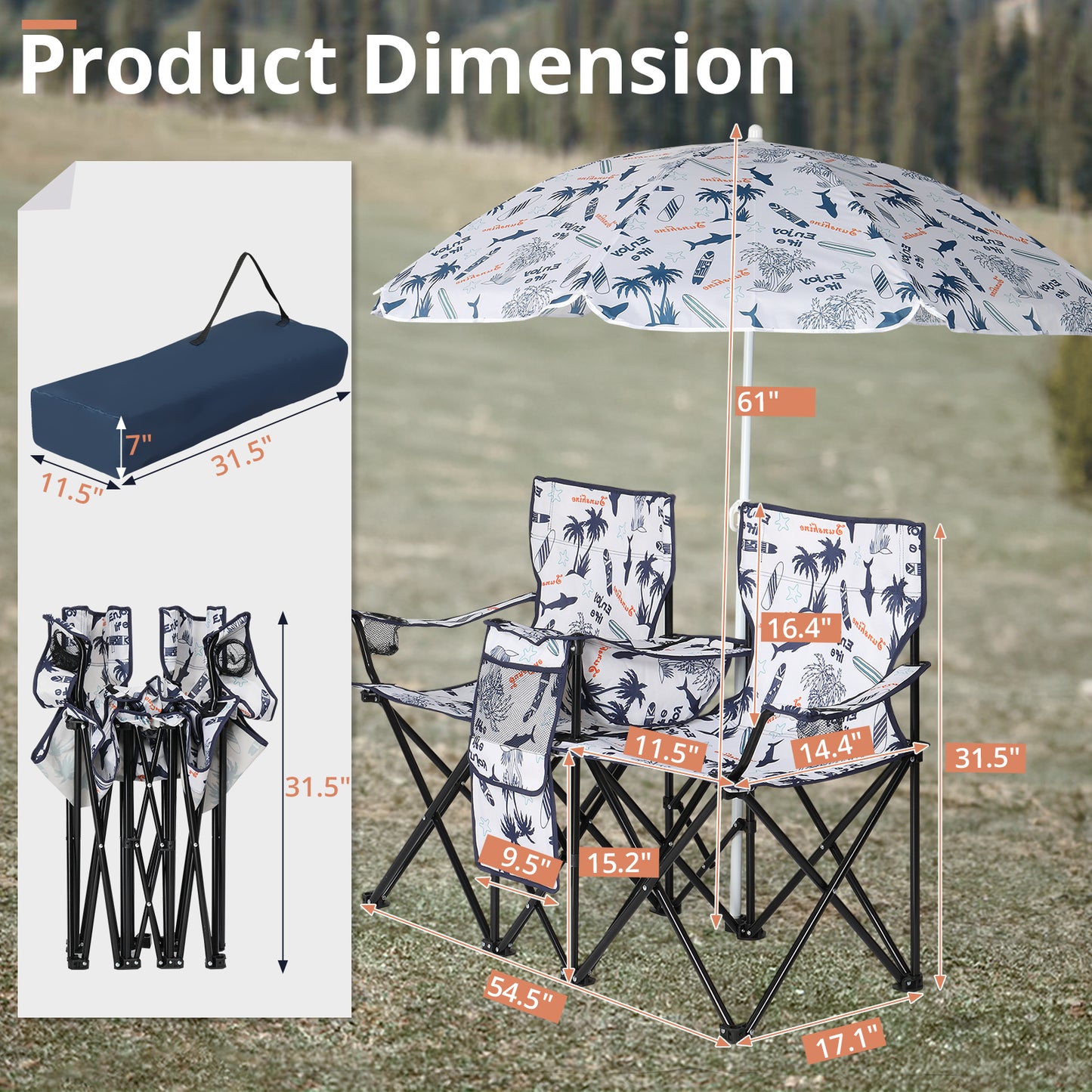 Portable Outdoor 2-Seat Fishing Chair with Removable Umbrella - Coconut Tree Pattern