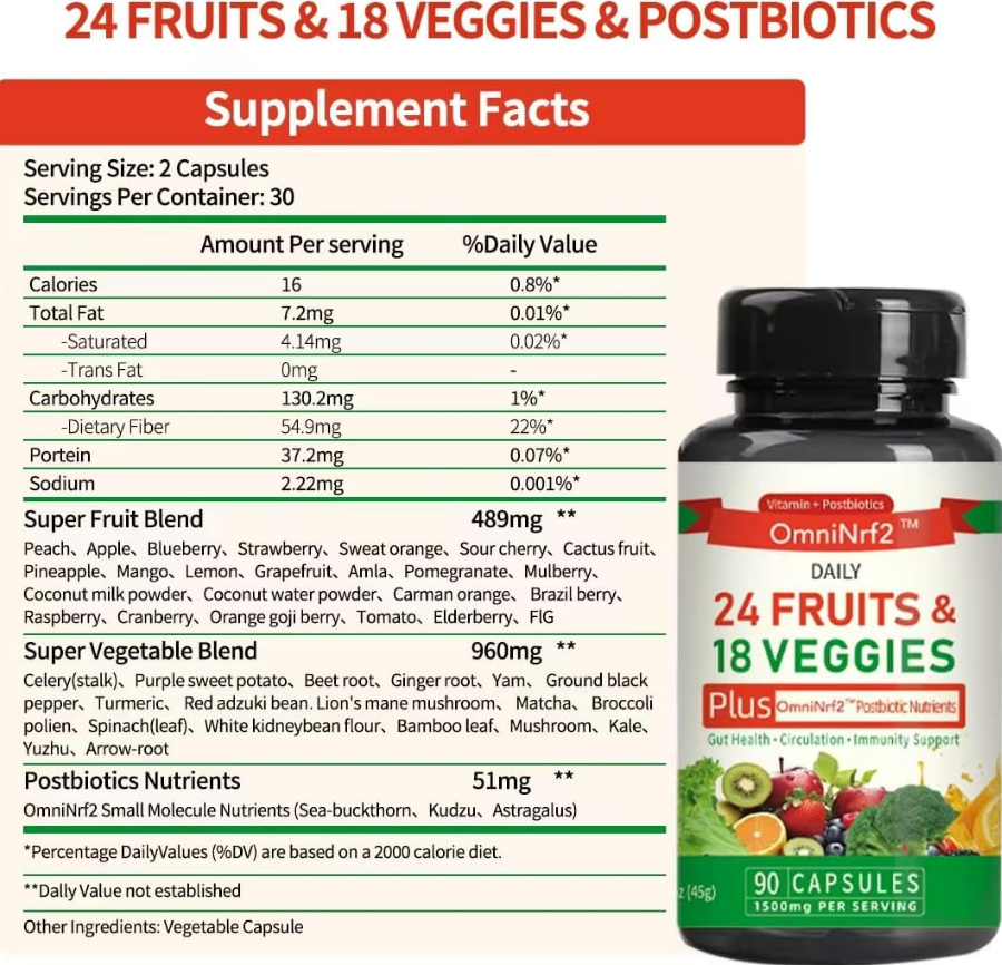 Postbiotic Fruit and Vegetable Supplement - 90 Antioxidant Capsules