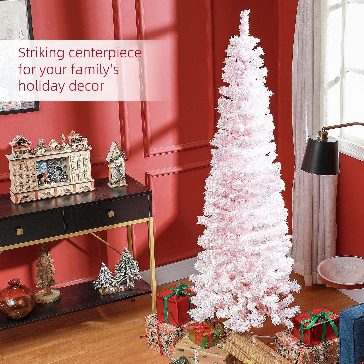 6ft Snow Flocked Pencil Christmas Tree with Metal Stand - Pink