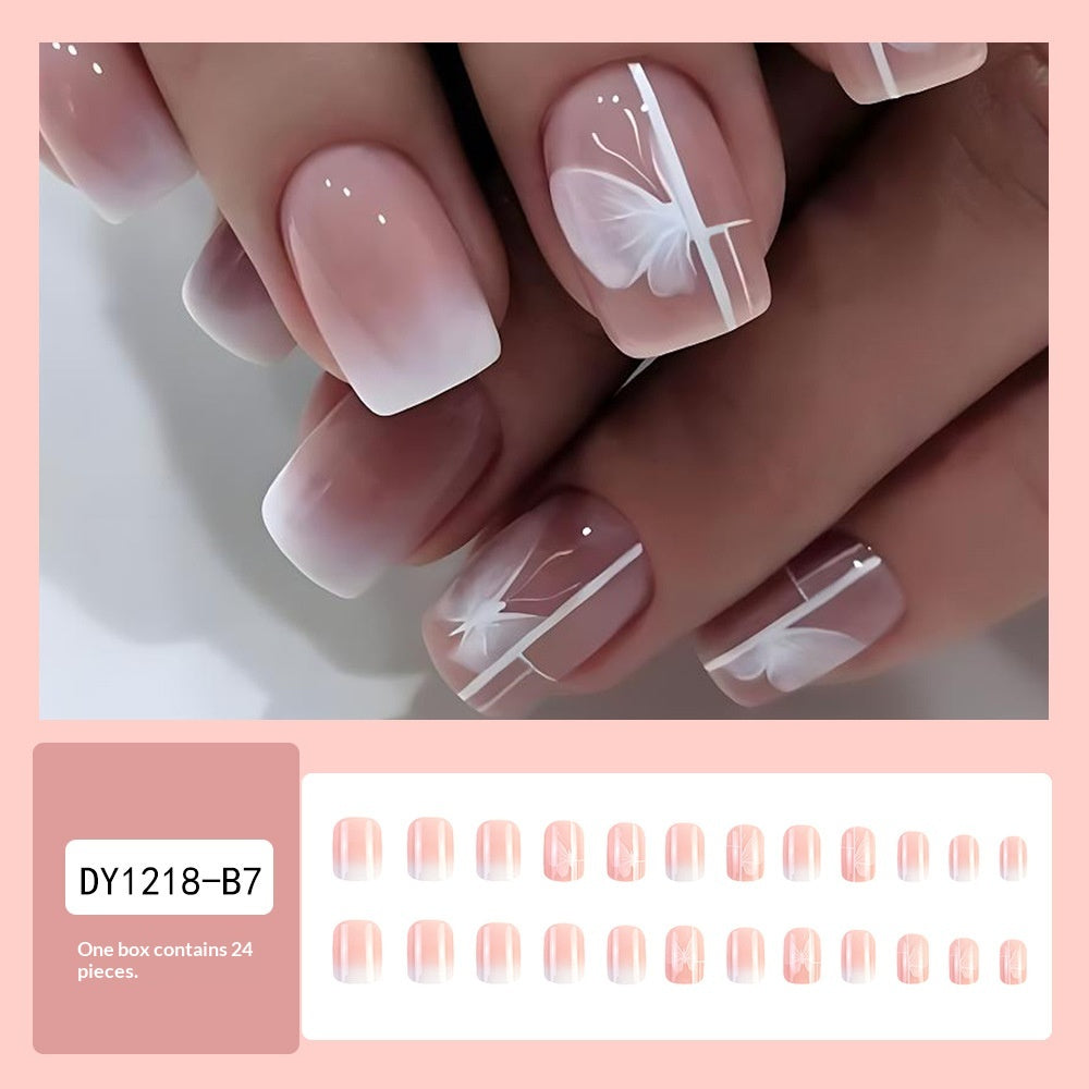 24-Piece Pink Jelly Nail Polish Set with Butterfly Gradient Art - Short Square Tips