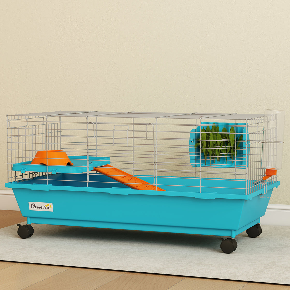 Small Animal Cage with Wheels, Food Dish, Water Bottle & Hay Feeder - Blue, 35 Inches