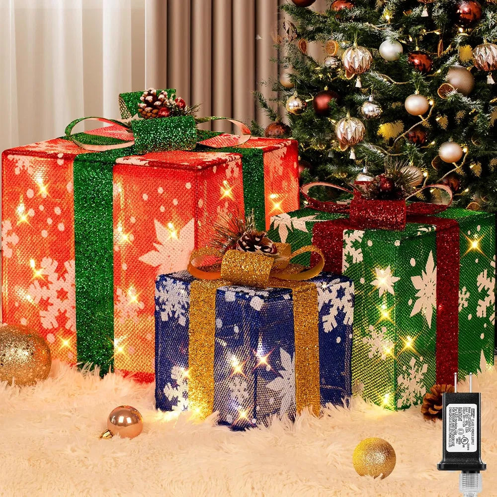 Large Christmas Gift Boxes with LED String Lights - 3 Pieces